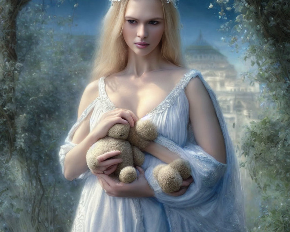 Woman in white gown with teddy bear in mystical forest with classical dome structure