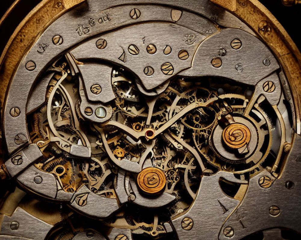 Detailed Close-Up of Complex Gold and Silver Watch Movement