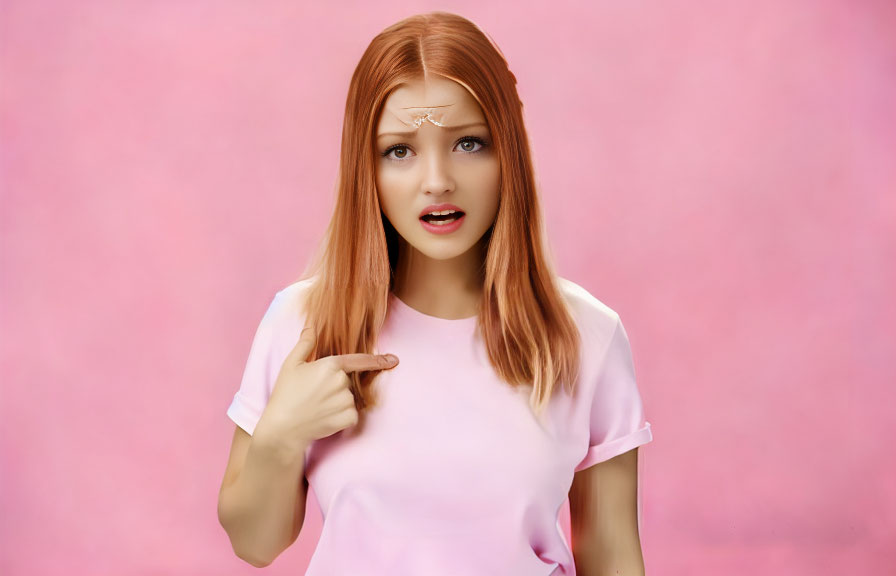 Red-haired woman points at herself on pink background with surprised expression