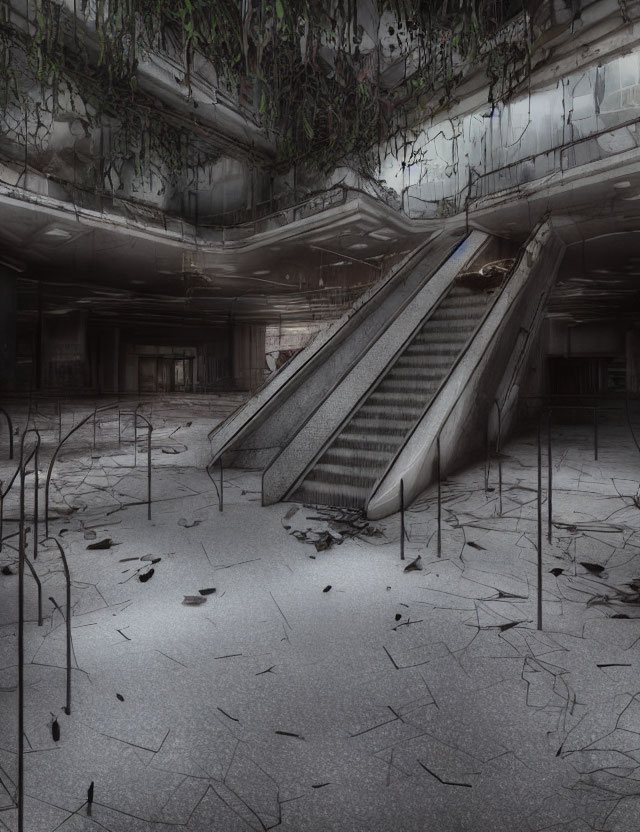 Abandoned escalator in dimly lit, derelict building