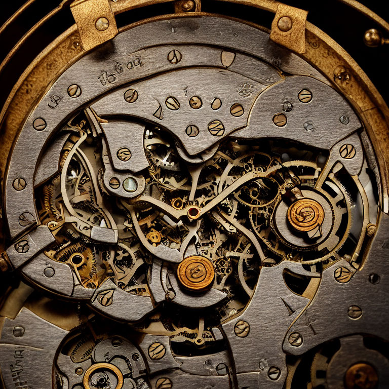 Detailed Close-Up of Complex Gold and Silver Watch Movement