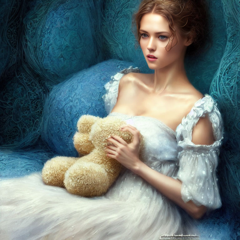 Woman in White Dress with Teddy Bear and Blue Textures