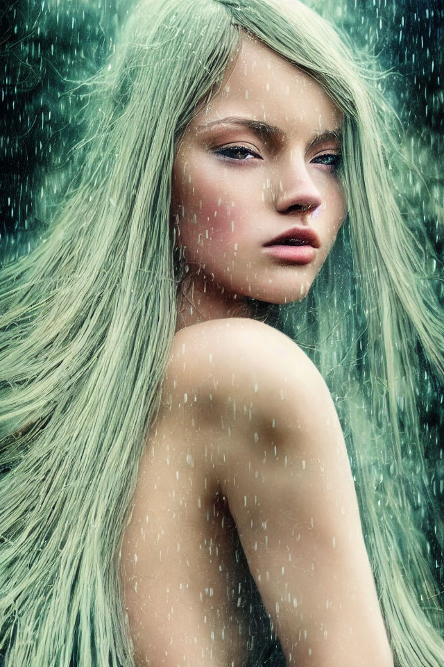 Woman with long pale hair standing in rain with contemplative expression