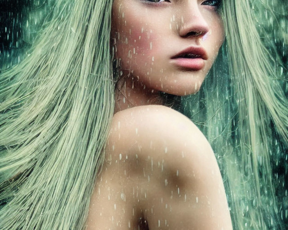 Woman with long pale hair standing in rain with contemplative expression