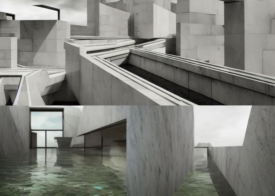 Abstract Architectural Collage with Stairs, Platforms, and Water Elements