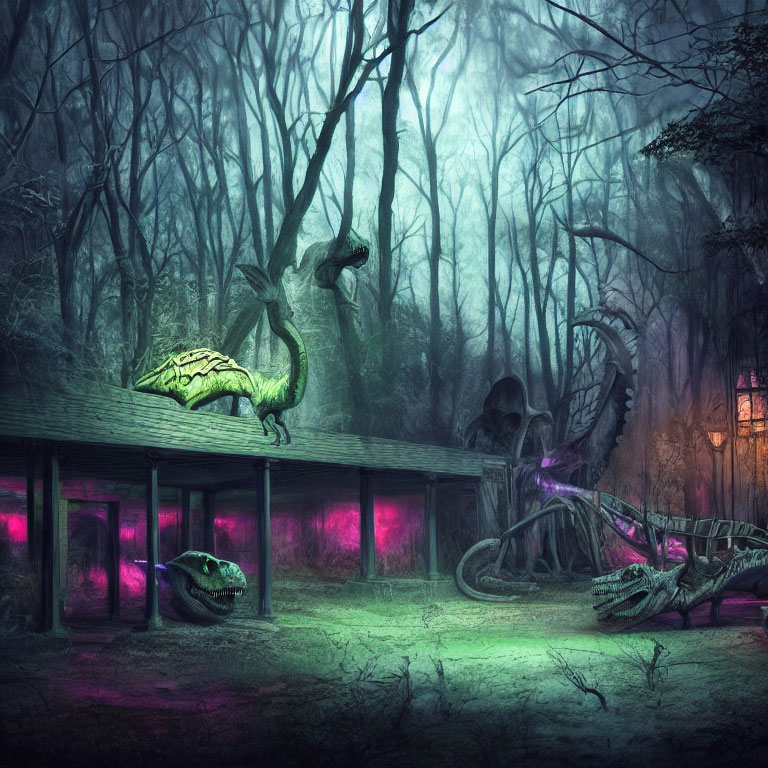 Mystical forest scene at night with neon-lit dragons resting in foggy ambiance