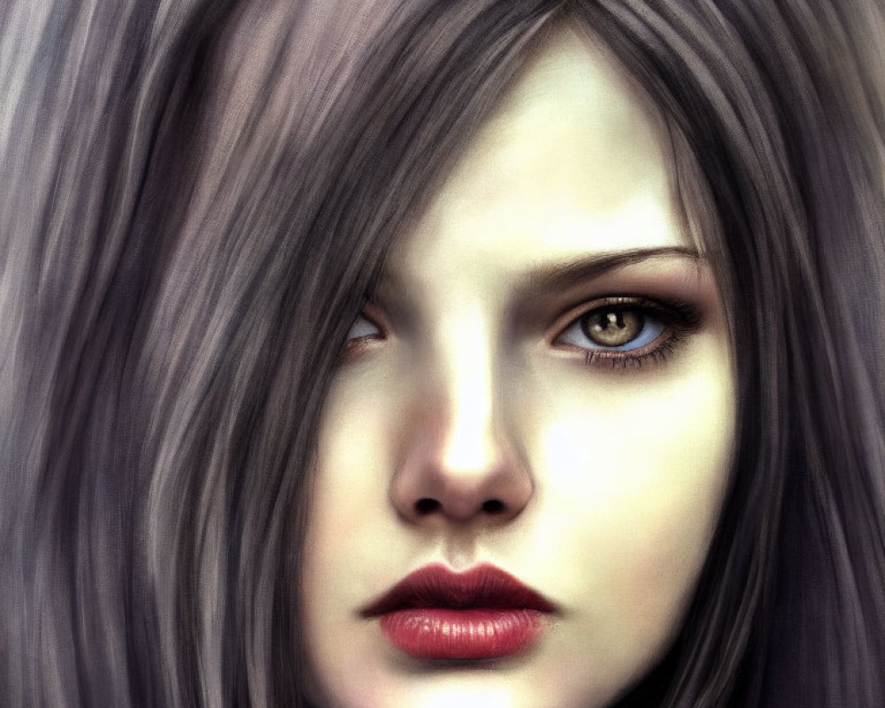 Realistic digital artwork of a woman with grey hair and amber eyes