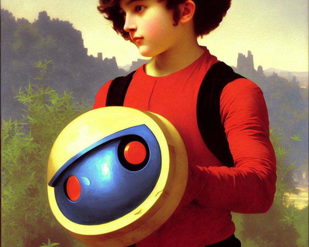 Person in Red Shirt Holding Blue and Yellow Spherical Object with Red Buttons