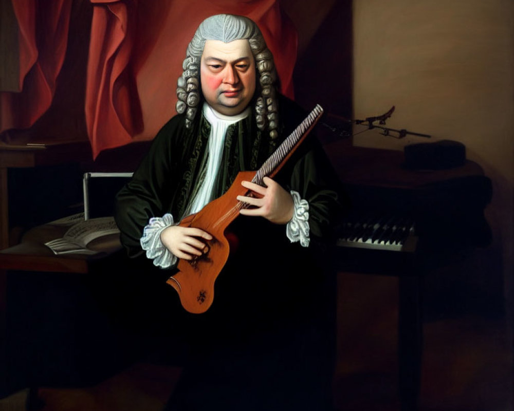 Portrait of man in historical dress with stringed instrument in room with piano