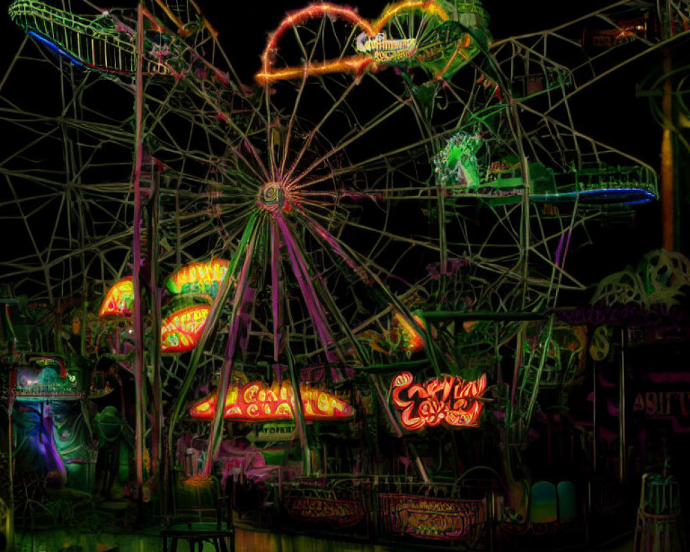 Vibrant neon-lit amusement park at night with Ferris wheel and roller coaster