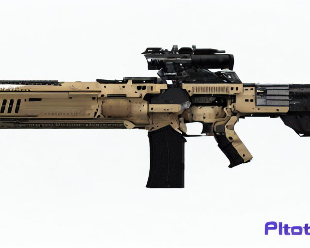 Tan and Black Assault Rifle with Scope and Magazine on White Background