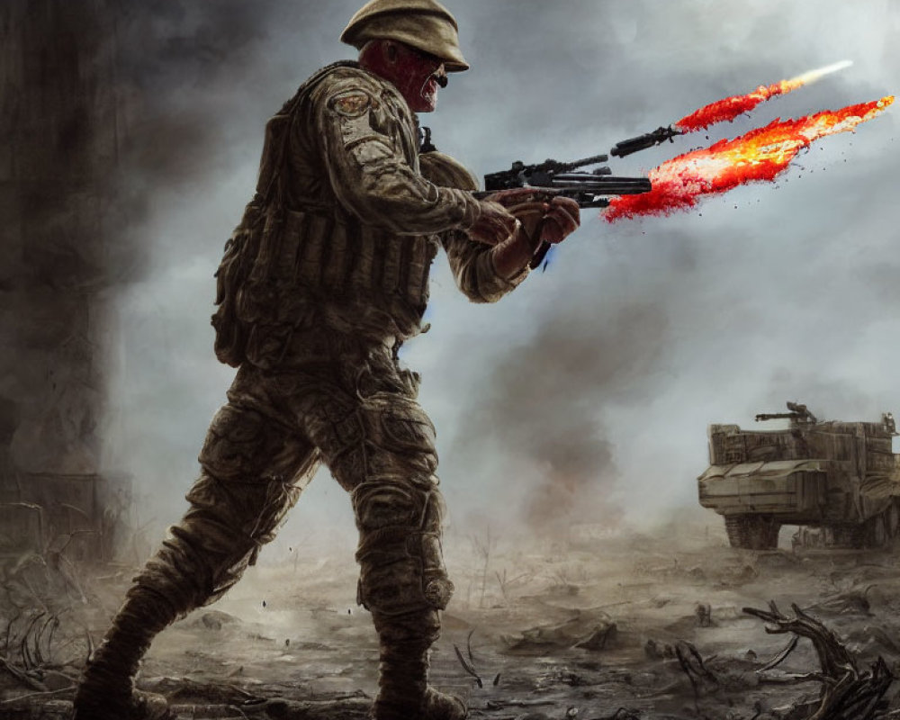 Soldier in battle gear firing weapon in war-torn landscape.