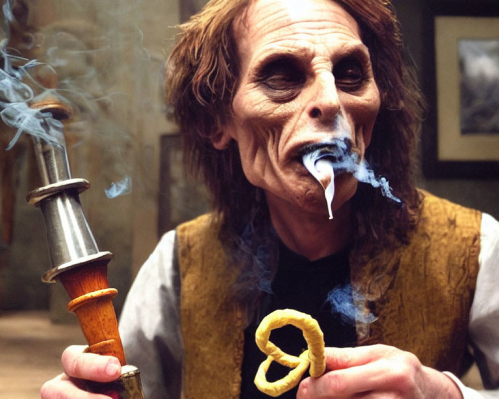 Exaggerated aged makeup ghoulish character smoking pipe with twisted smoke spiral