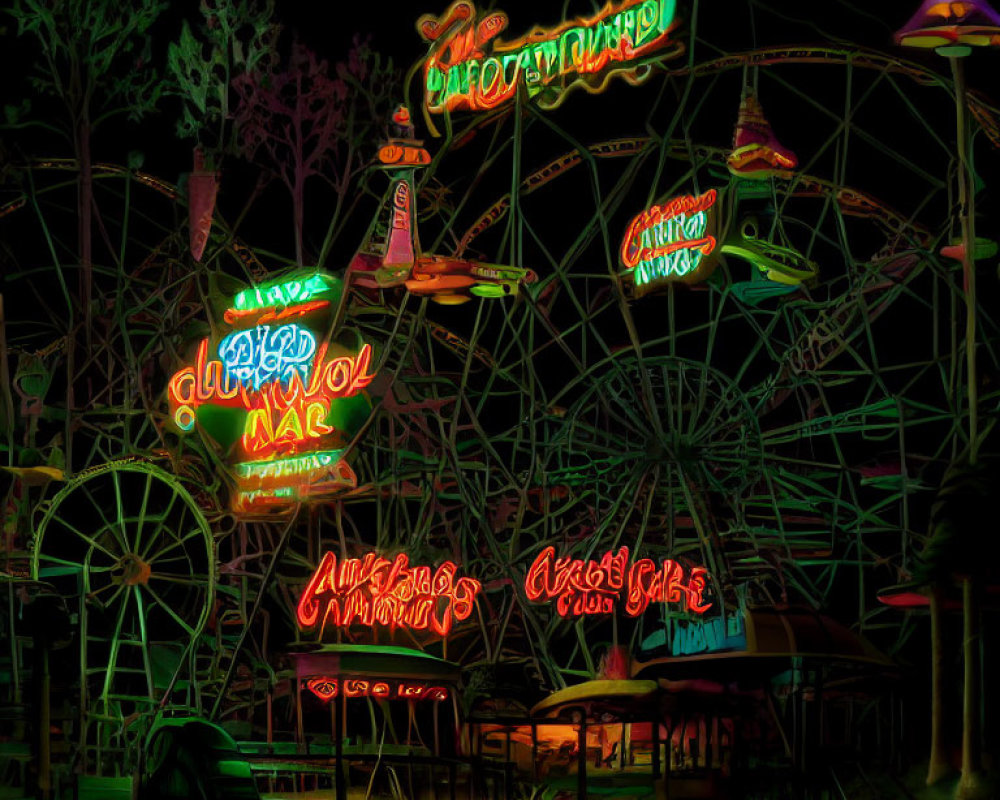 Cyrillic Script Neon Lights in Empty Amusement Park at Night