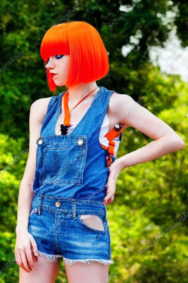 Bright Orange Haired Person in Bob Cut Wearing Denim Overalls