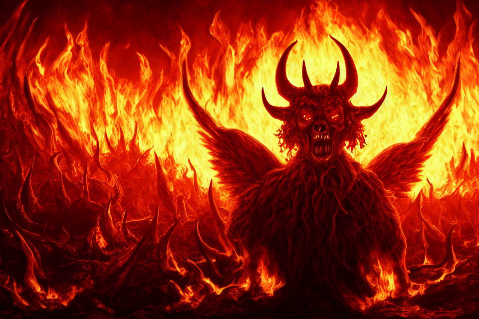 Horned demonic figure with wings in fiery backdrop