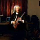 Portrait of man in historical dress with stringed instrument in room with piano