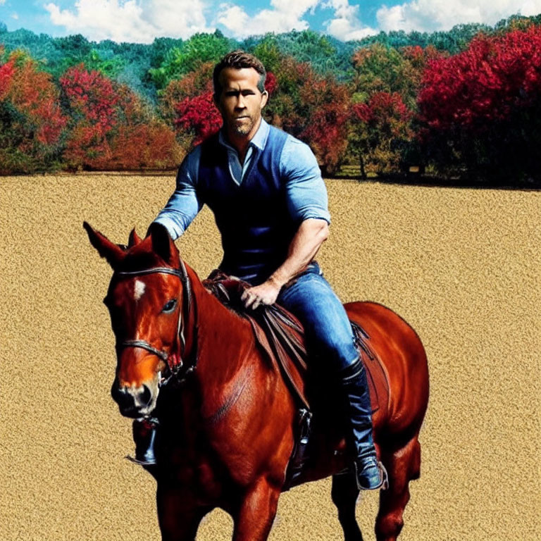 Man in Blue Shirt Riding Chestnut Horse in Autumn Scene