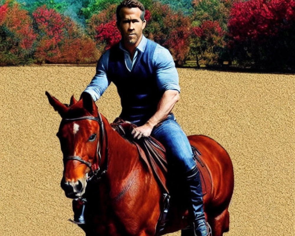 Man in Blue Shirt Riding Chestnut Horse in Autumn Scene