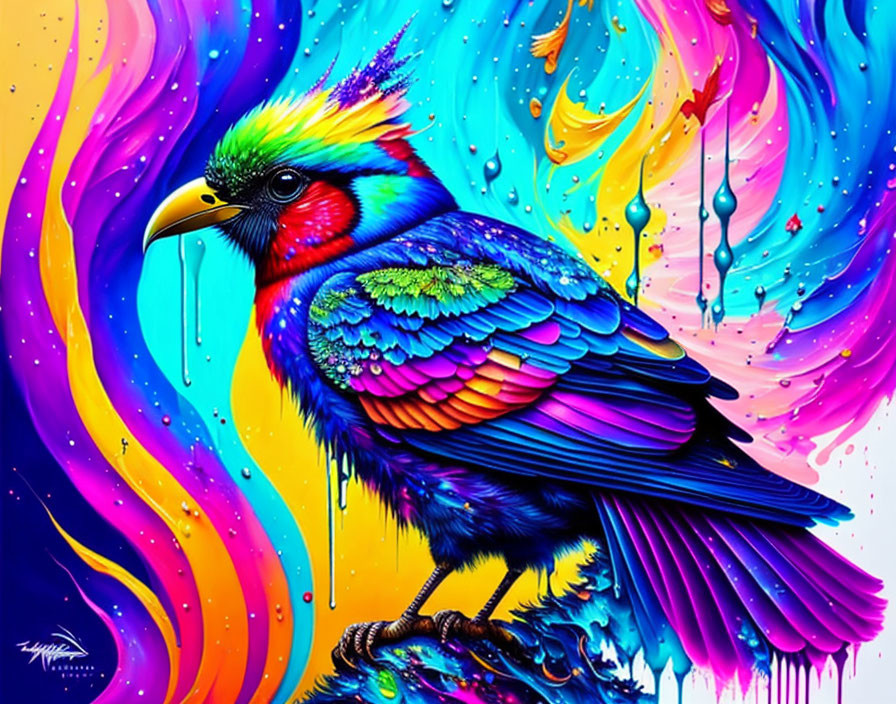 Colorful Bird Artwork Against Psychedelic Paint Background