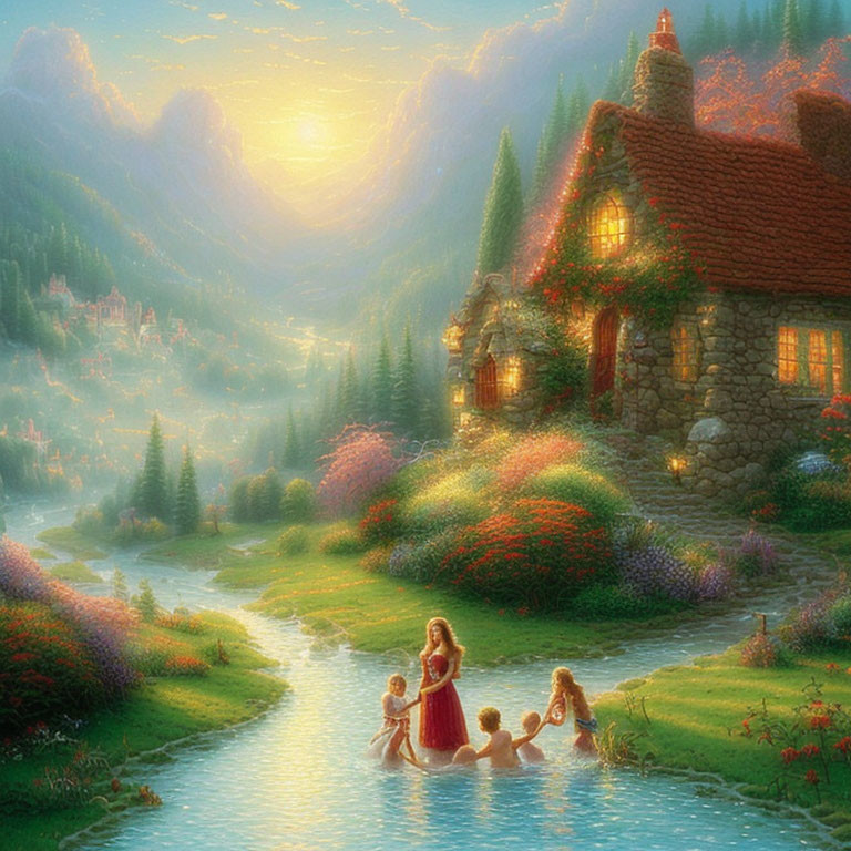 Family enjoying river by cottage in vibrant landscape with sunset