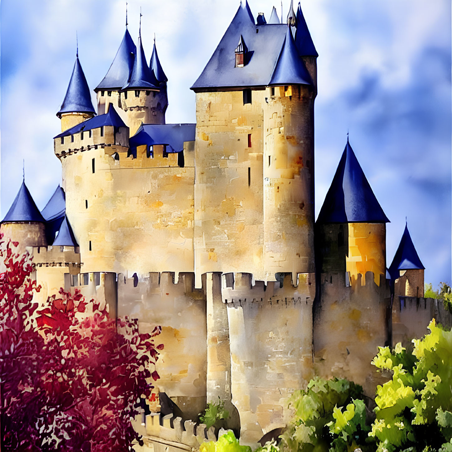 Medieval castle with blue-roofed towers and turrets against vibrant sky.