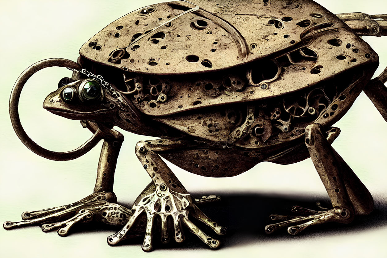 Detailed illustration of a surreal mechanical frog with lifelike eyes and metallic textures