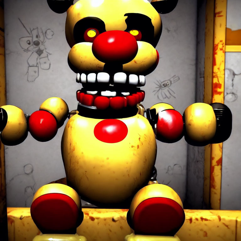 Yellow Animatronic Bear with Red Bow Tie in Dimly Lit Room