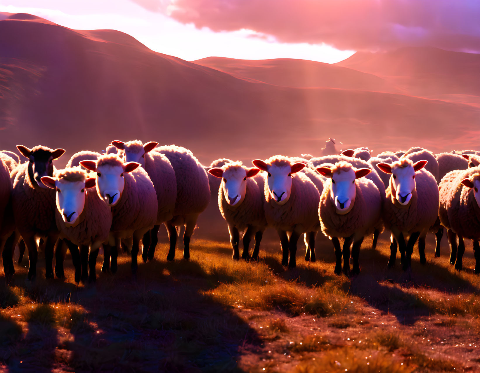 Flock of Sheep Grazing Under Radiant Sunset on Rolling Hills