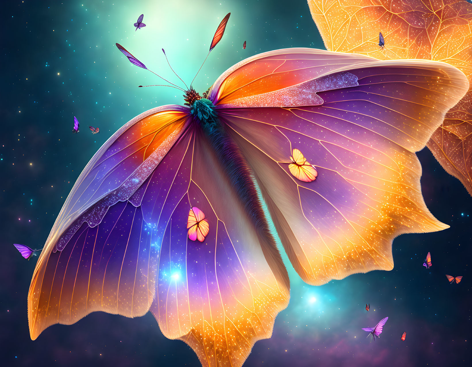 Colorful oversized butterfly with glowing wings in cosmic setting surrounded by smaller butterflies