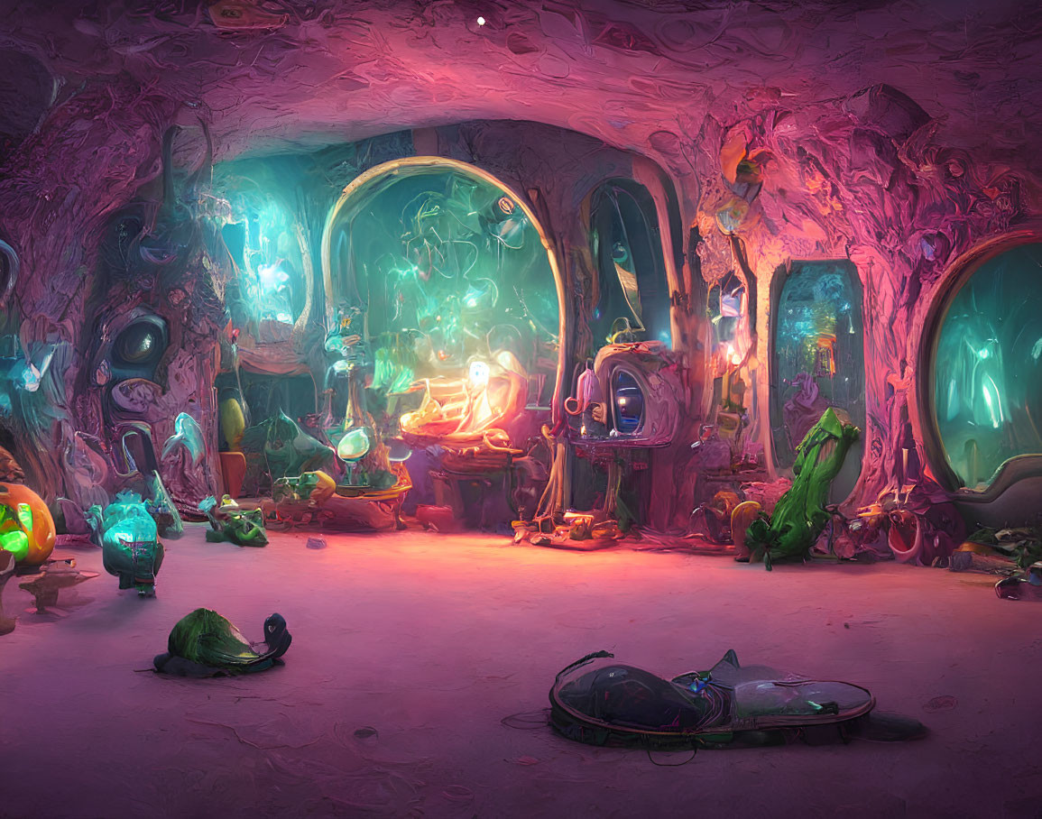 Colorful Underground Lab with Glowing Equipment and Curious Creatures