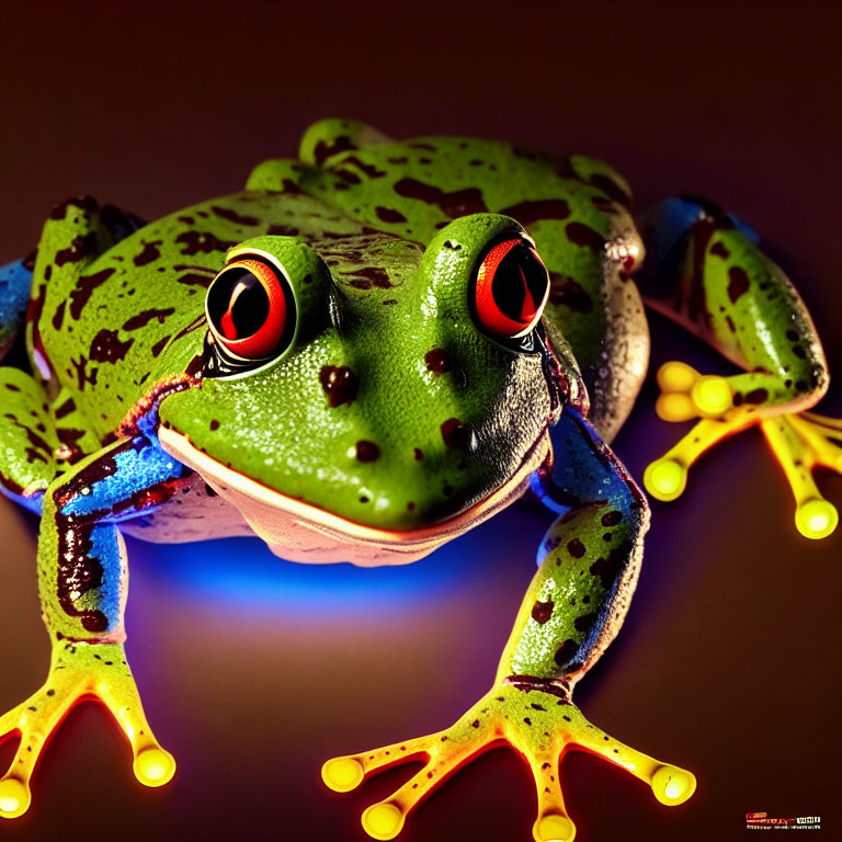 Colorful Frog with Green Skin and Red Eyes on Warm Background