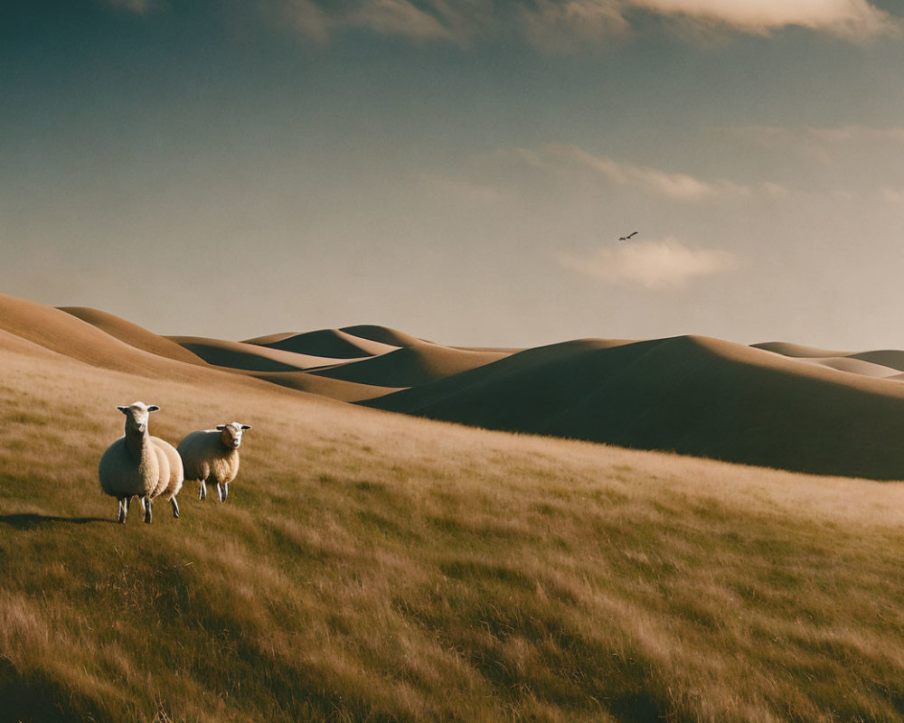 Sheep on grassy hill with sand dunes and bird in hazy sky