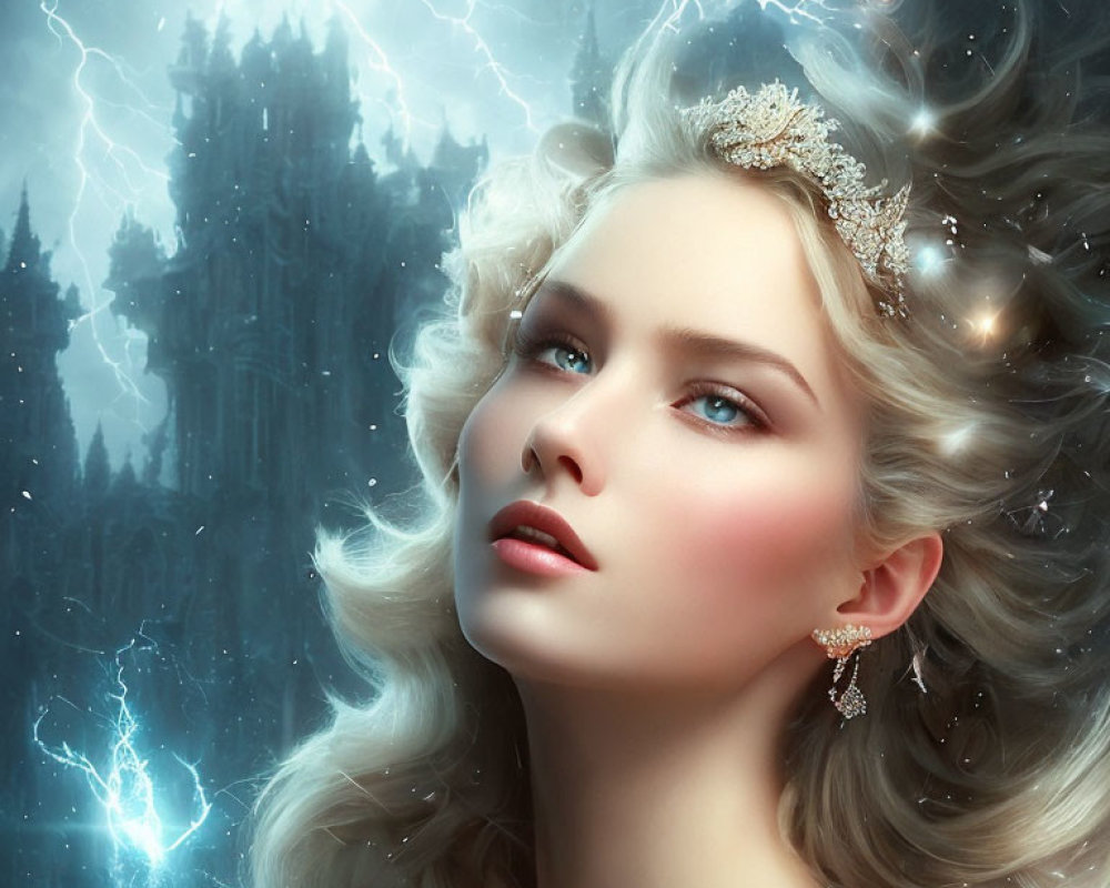 Woman with flowing hair and diadem gazes at castle and lightning