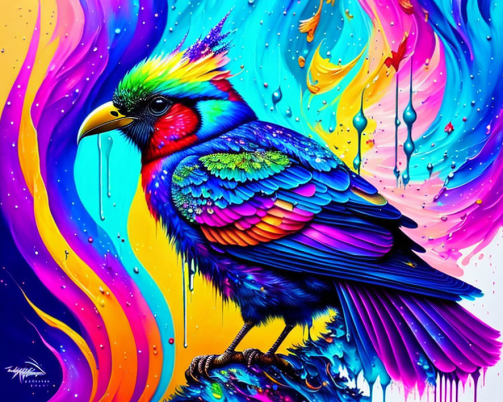 Colorful Bird Artwork Against Psychedelic Paint Background