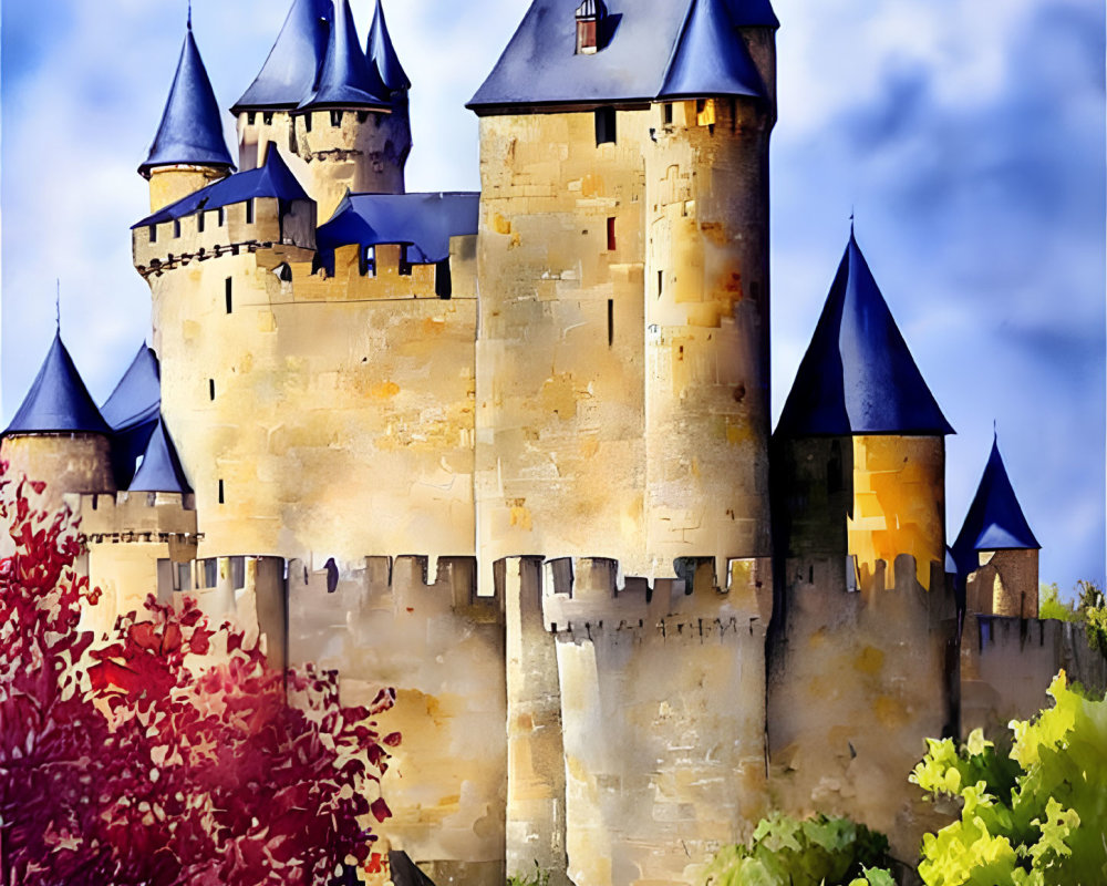 Medieval castle with blue-roofed towers and turrets against vibrant sky.