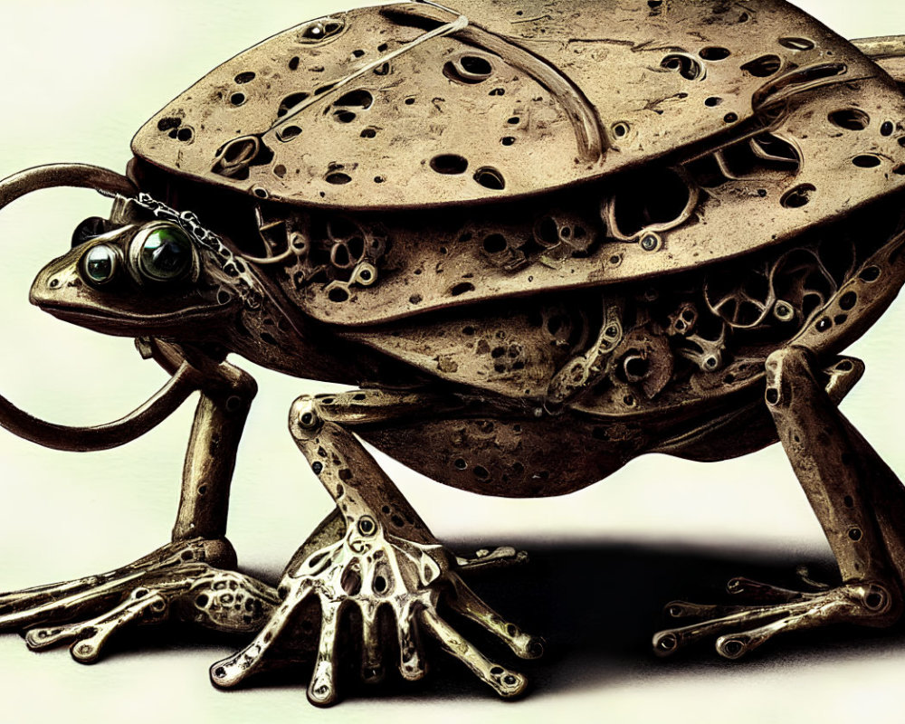 Detailed illustration of a surreal mechanical frog with lifelike eyes and metallic textures