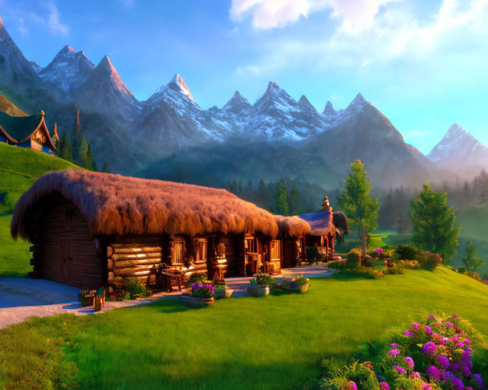 Rustic cabins with thatched roofs in mountain setting at dawn