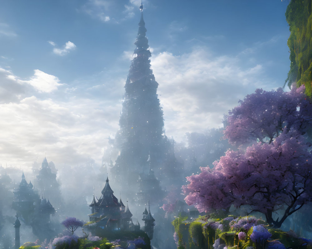 Mystical landscape with towering spire, purple trees, fog, and floating islands