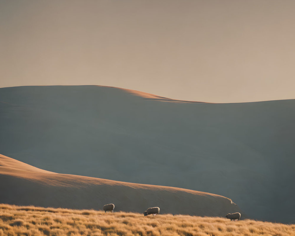 Serene hillside scene with four grazing sheep at golden hour