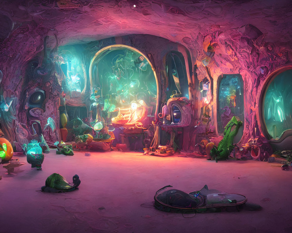 Colorful Underground Lab with Glowing Equipment and Curious Creatures