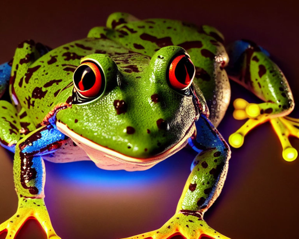 Colorful Frog with Green Skin and Red Eyes on Warm Background