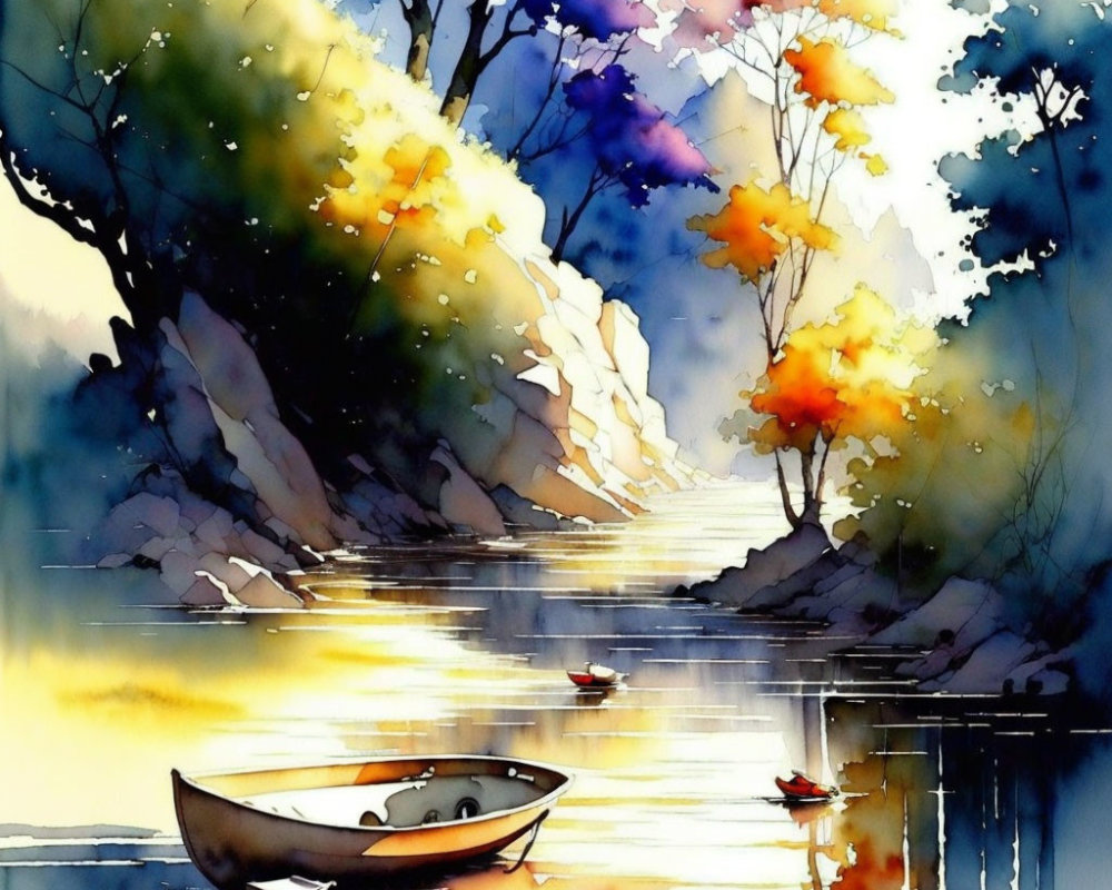 Tranquil watercolor painting of small boat on calm river