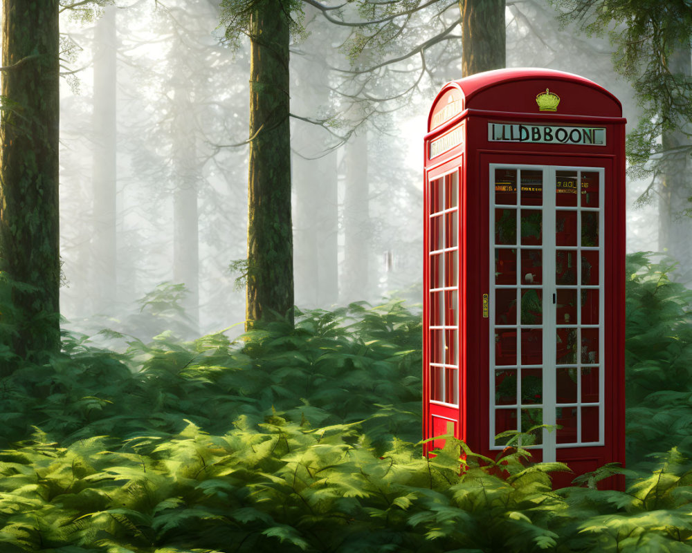 Iconic red telephone box in lush forest setting with fern undergrowth