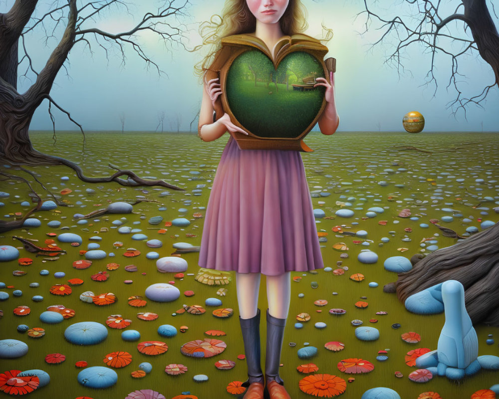 Surreal image: girl holding open book with landscape, colorful flora, whimsical objects