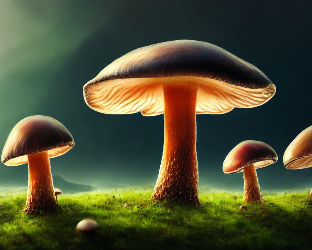 Cluster of Various Sized Mushrooms on Grassy Field under Dark Sky