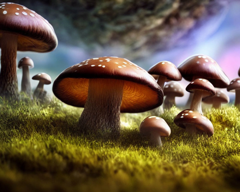 Realistic large brown mushrooms with white spots on lush green mossy ground