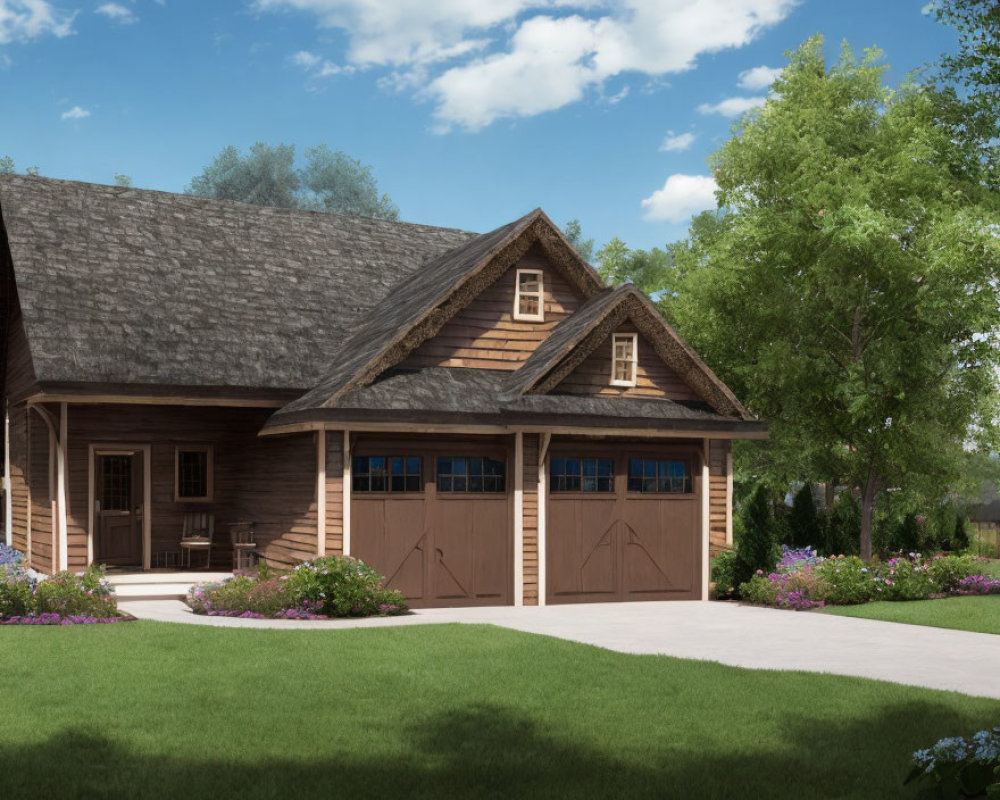 Rustic Wooden House with Double Garage Door in Greenery