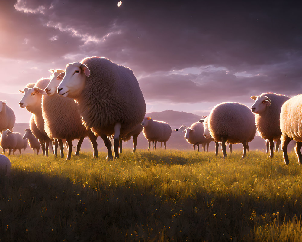 Herd of sheep grazing in field at twilight with crescent moon in dusky sky