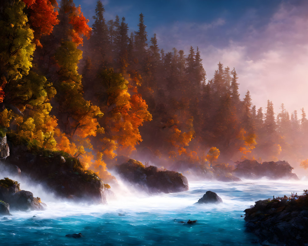 Scenic autumn forest with vibrant leaves by misty river at sunrise